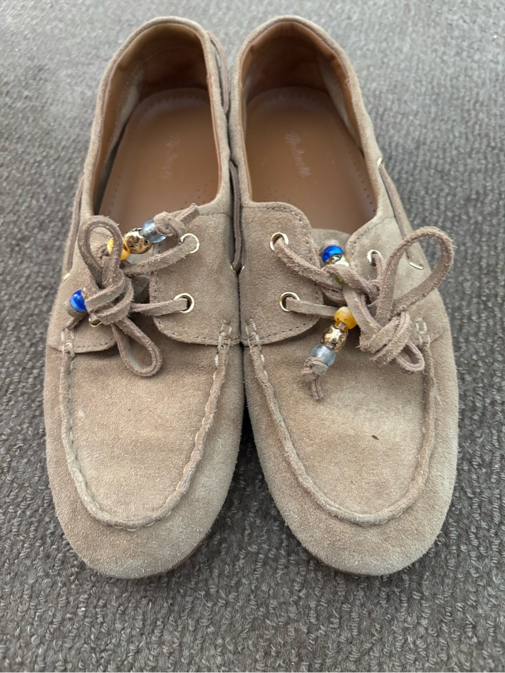 Madewell Tan Suede Moccasin Boat Shoes with Beaded Tassels - Picture 3 of 3